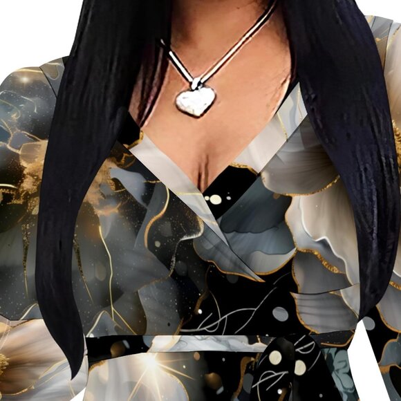 Plus Size Floral Maxi Dress Long Puff Sleeves Belt Casual Elegant Dress - Picture 7 of 7